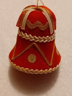 Vintage Red Flocked Christmas Bell Ornament with Gold Trim Made In Japan - Image 1 of 4