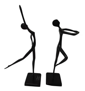 13" Pair Vintage Bodrul Khalique Ballet Dancing Woman Bronze Sculptures Black - Picture 1 of 7