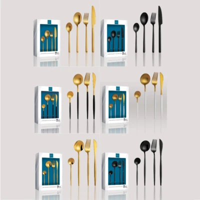 Besteckset 4 Personen 16 tlg Edelstahl Rostfrei Essbesteck gold schwarz Messer - Bild 1 von 4