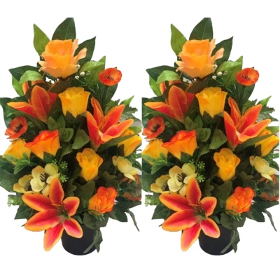 SILKY BOUQUETS Grave Pot Arrangement Flowers Artificial Silk Flat Back Orange Lily Rose Pair