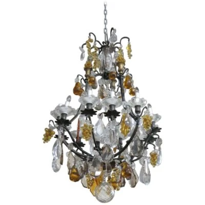 Rare Louis XV Bronze Chandelier W Amber Fruits & Clear & Amber Crystal Prisms - Image 1 of 4