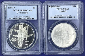 🥇OLYMPIC GYMNASTICS 2 COIN SET - 1997 P&D PCGS MS69+PR69 DCAM $1 Silver Dollars - Picture 1 of 6