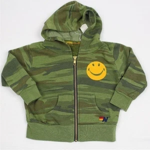 Aviator Nation Kinder Smiley Gesicht Hoodie mit durchgehendem Reißverschluss grün Tarnmuster hergestellt in den USA Unisex - Bild 1 von 9