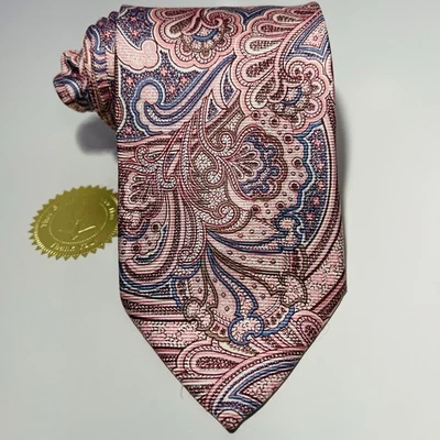 "Corbata de seda Jos A Bank rosa, azul, blanca y marrón cachemira 62x3,75"" extra larga sin etiquetas" Foto 1 de 4