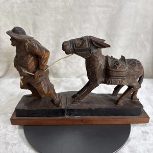 10.5" WOOD CARVED MAN PULLING DONKEY FIGURINE FOLK ART  - Picture 1 of 7