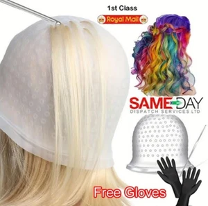 Hair Highlighting Dye Cap Reusable Silicone hat Professional Needle Hook Gloves - Picture 1 of 8