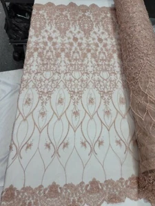 Blush Beaded Lace Fabric by the Yard - Embroidered Floral Flowers with Sequins, - Picture 1 of 9