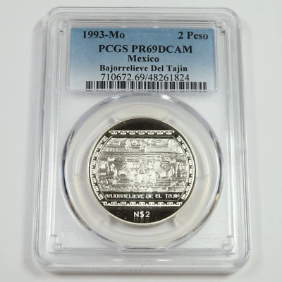 1993 Mo PCGS PR69 DCAM - MEXICO SILVER Bajorrelieve Del Tajin 2 Peso Coin 51272A - Image 1 of 2