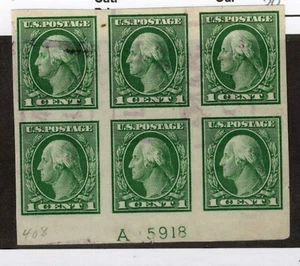 US Scott 408 Used Plate Block of 6 CV 60$+ - Picture 1 of 2