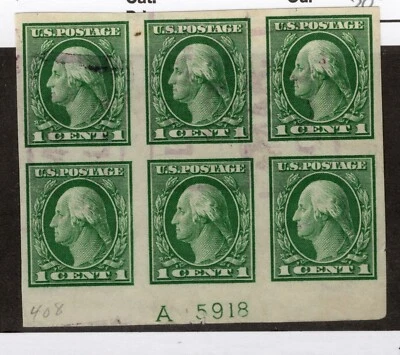 US Scott 408 Used Plate Block of 6 CV 60$+ - Image 1 of 2