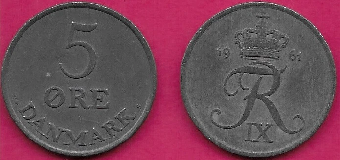 DENMARK 5 ØRE 1961 C-S CROWNED FREDERIK IX,MONOGRAM DIVIDES DATE,MINT MARK INITI - Image 1 of 1