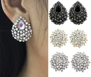 Crystal Clip On Stud Earrings Wedding Prom CZ Gem Non Not Pierced Round TearDrop - Picture 1 of 8