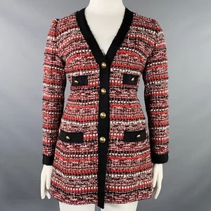 LUISA SPAGNOLI Size 10 Black Red White Wool Blend Boucle Single Breasted Coat - Picture 1 of 7