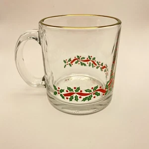 Vintage Libbey Christmas Glass Mug - Holly, Gold Trim - Picture 1 of 3