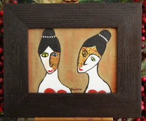 OLIO INCORNICIATO SGD BRENDA ASTRATTO STILE MODERNO ARTE POPOLARE PRIMITIVA 2 DONNE RITRATTO - Foto 1 di 24