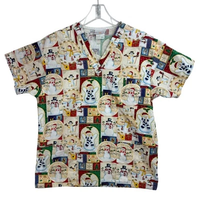 Peaches Scrub Top Size Small Holiday Christmas Snowman Pattern Has Pockets A13 - Image 1 of 4
