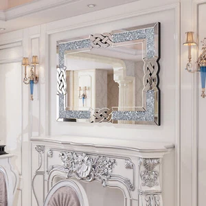 Rectangle Sparkling Crystal Crush Diamond Accent Mirror Wall Mounted Decorative - Picture 1 of 16