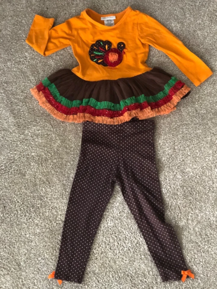 Bonnie Jean 女孩 2T Thanksgiving Turkey Ruffles Ribbon Sparkle Top Tunic Dressy — 第 1/4 张图片