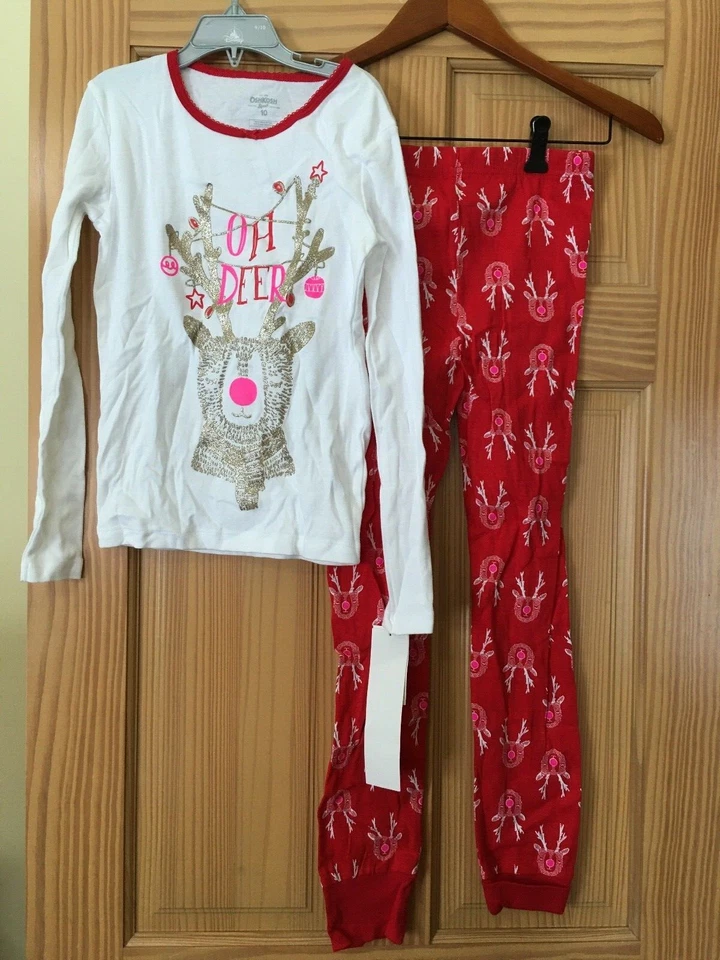 New Oshkosh Girls Reindeer Christmas Pajama 2pc Set White Red Holiday 10 - Image 1 of 1