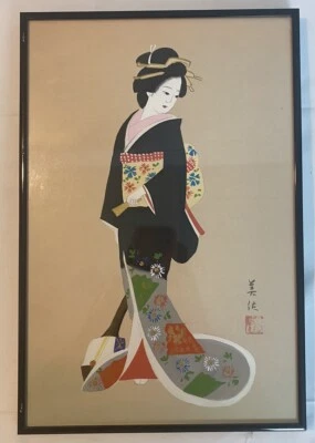Japanese Geisha Painting On Silk Woman Black Kimono Bag Instrument Framed Signed - Image 1 of 4