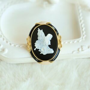 F18 Schmetterlingsfee Cameo Pearl Agate Black Pendant Brooch Silver 925