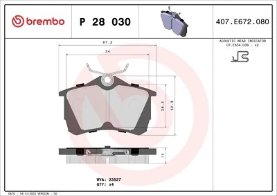 Brembo P28030 Rear Pad Set With Integrated Wear Indicator For Honda Accord 98/03 - Image 1 of 4