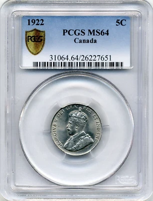 1922 Canada 5 Cent, George V - Choice Uncirculated, PCGS MS64 - Image 1 of 2