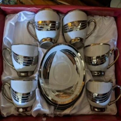 Эспрессо / турецкий кофе чашки 12 изделий серебро и белая керамика новый - Изображение 1 из 4