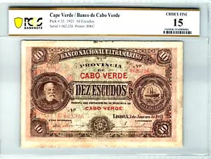 Banconota Capo Verde 10 scudi, 1921 scegli# 35. PCGS Classificato 15 Scelta Fine RARO - Foto 1 di 12