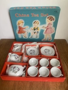 VTG  1940s Child's China Toy Tea Set Complete w/20 pcs in ORIGINAL BOX Japan - Picture 1 of 12