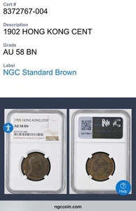 🔥1902 CENTAVO CHINA HONG KONG MONEDA DE COBRE CLASIFICACIÓN NGC AU 58 BN🔥 - Imagen 1 de 1