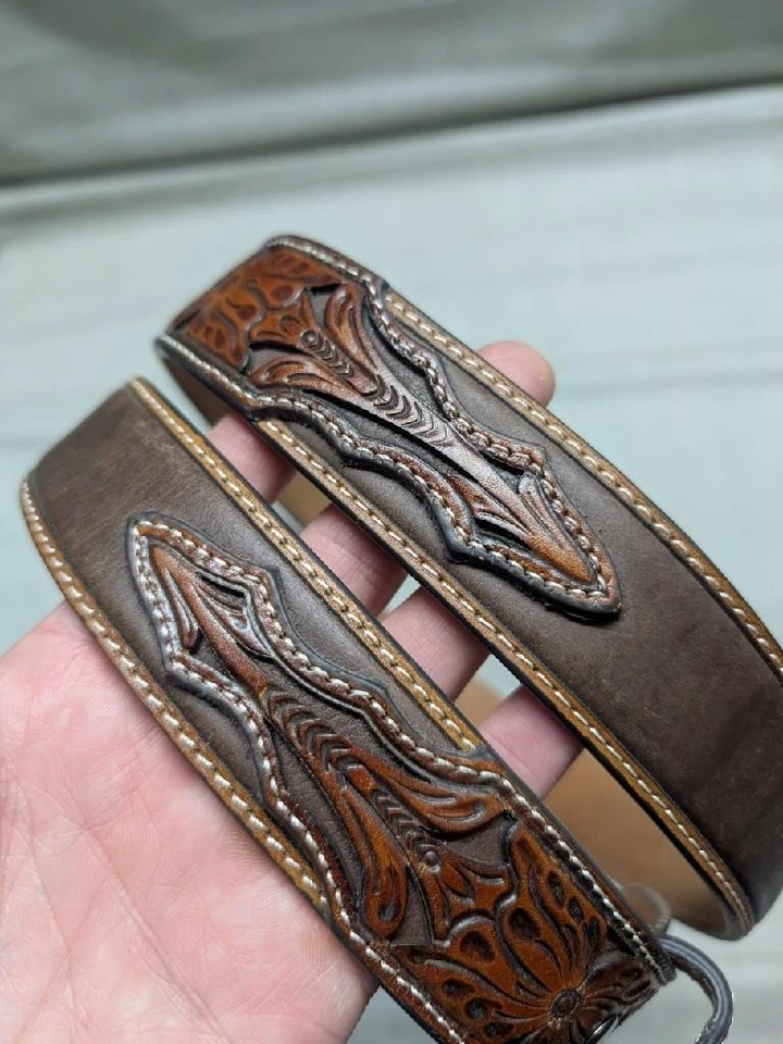 Vintage ARIAT Hebilla Cinturón TOOLED Cuero 38 Marrón OCCIDENTAL Marrón VAQUERO Foto 1 de 4