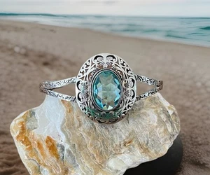 Pulsera/brazalete ajustable cristal topacio azul - chapada en plata de ley 925-nuevo - Imagen 1 de 4