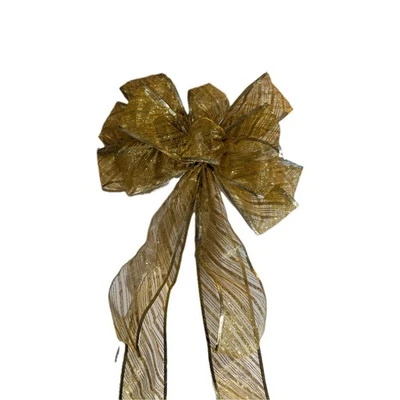 New Gold Wire Edged Christmas Bow With Diagonal Gold Stripes 11" x 27" - Image 1 of 4