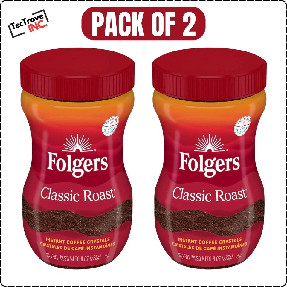 BRANDED Folgers 2 Pack Classic Roast Instant Coffee (2) 8-Ounce Jars 100% Pure Coffee