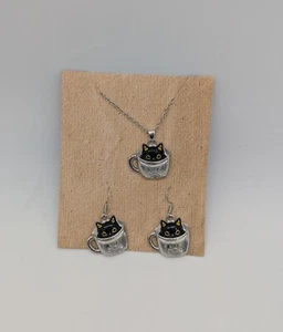 Halloween Cute Cat In Cup Metal Earrings + Necklace Set - Picture 1 of 2