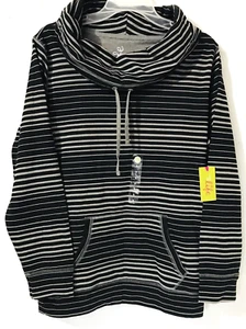Made For Life Sweatshirt Women's L Gray Black Stripe Cowl-Neck Kangaroo Pocket - Picture 1 of 8