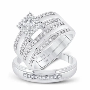 Sterling Silver His Her Round Diamond Solitaire Matching Bridal Wedding Ring Set - Picture 1 of 5