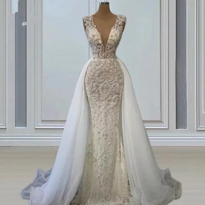 2024 NEW Removable Train Mermaid Wedding Dresses Beading Bridal Gown Deep V-neck - Picture 1 of 18