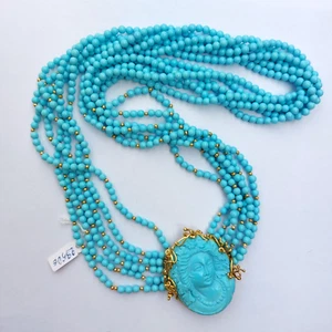 Turquoise necklace beads  with  cameo and 18kt yellow gold clasp - Picture 1 of 7