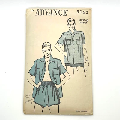 Advance Vintage 1949 Pattern #5063 Men's Short Shirt Pajamas Chest 40 - Image 1 of 4