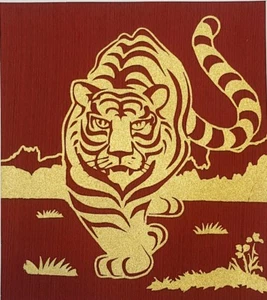 Gold Tiger Walk Thai Art Red Silk Painting Poster Print Wall Home Decor Handmade - Picture 1 of 6