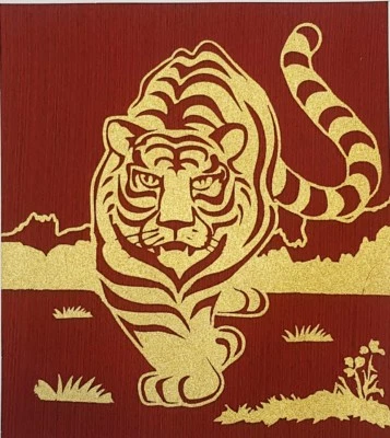 Gold Tiger Walk Thai Art Red Silk Painting Poster Print Wall Home Decor Handmade - Image 1 of 4