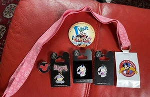 Disney Mickey Mouse PINK Lanyard Pin Holder 4 pins and 1st visit big button 2009 - Picture 1 of 6