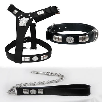 LEATHER DOG HARNESS (DOG MOTIFF) * COLLAR & CHAIN LEAD SET CHROME FITTINGS - Image 1 of 4