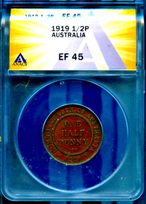 Australia 1919 1/2 Penny XF-45 mintage 3.3m ANACS # 7640948 + Bonus - Image 1 of 2