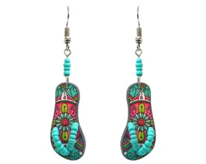Mandala Flip Flop Earrings Turquoise Pattern Graphic Beaded Beach Sandal Dangles - Picture 1 of 1