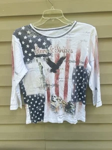 Vtg Cactus Shirt Women’s Large Y2K Rhinestone AOP Stars & Stripes Top Flag USA - Picture 1 of 8