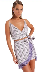 Conjunto de blusa y falda de playa con borlas a rayas de moda talla UK 8 - Imagen 1 de 9