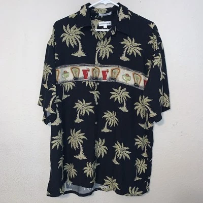 Camisa Pierre Cardin Para Hombre L Rayón Negra Verde Oliva Cócteles Palmera Informal Foto 1 de 4